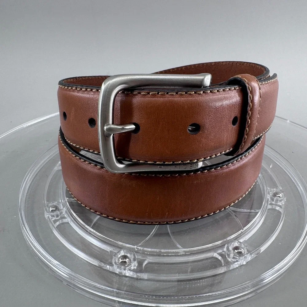 Tommy Hilfiger Mens Brown Genuine Leather Belt Silver Buckle Size 34/85